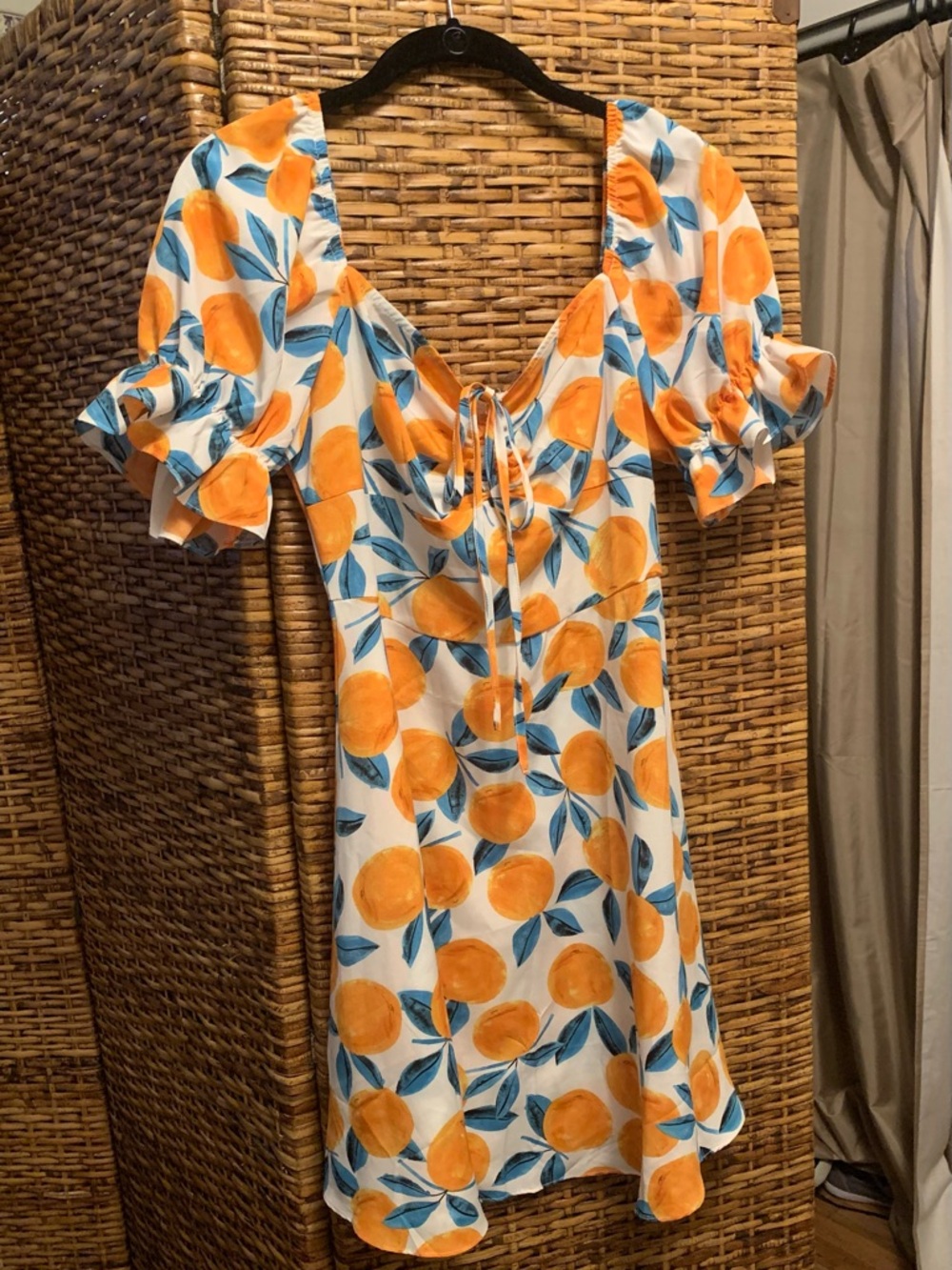 SHEIN Orange Fruit print Puff Sleeve Mini Dress